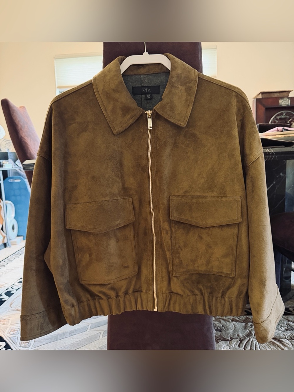 Sale Zara Viral Bloggers Favorite Suede Effect Bomber Jacket LIKE NEW- MID KHAKI